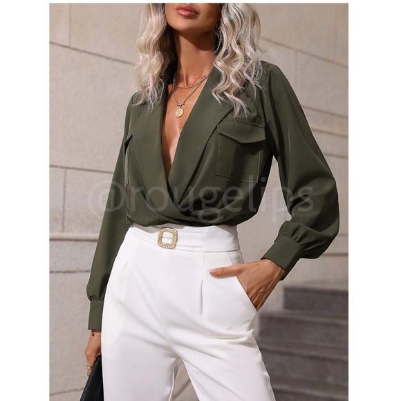 Army Green Bodysuit V-Neck Surplice Long Sleeve Buttoned Pockets - Picture 3 of 9